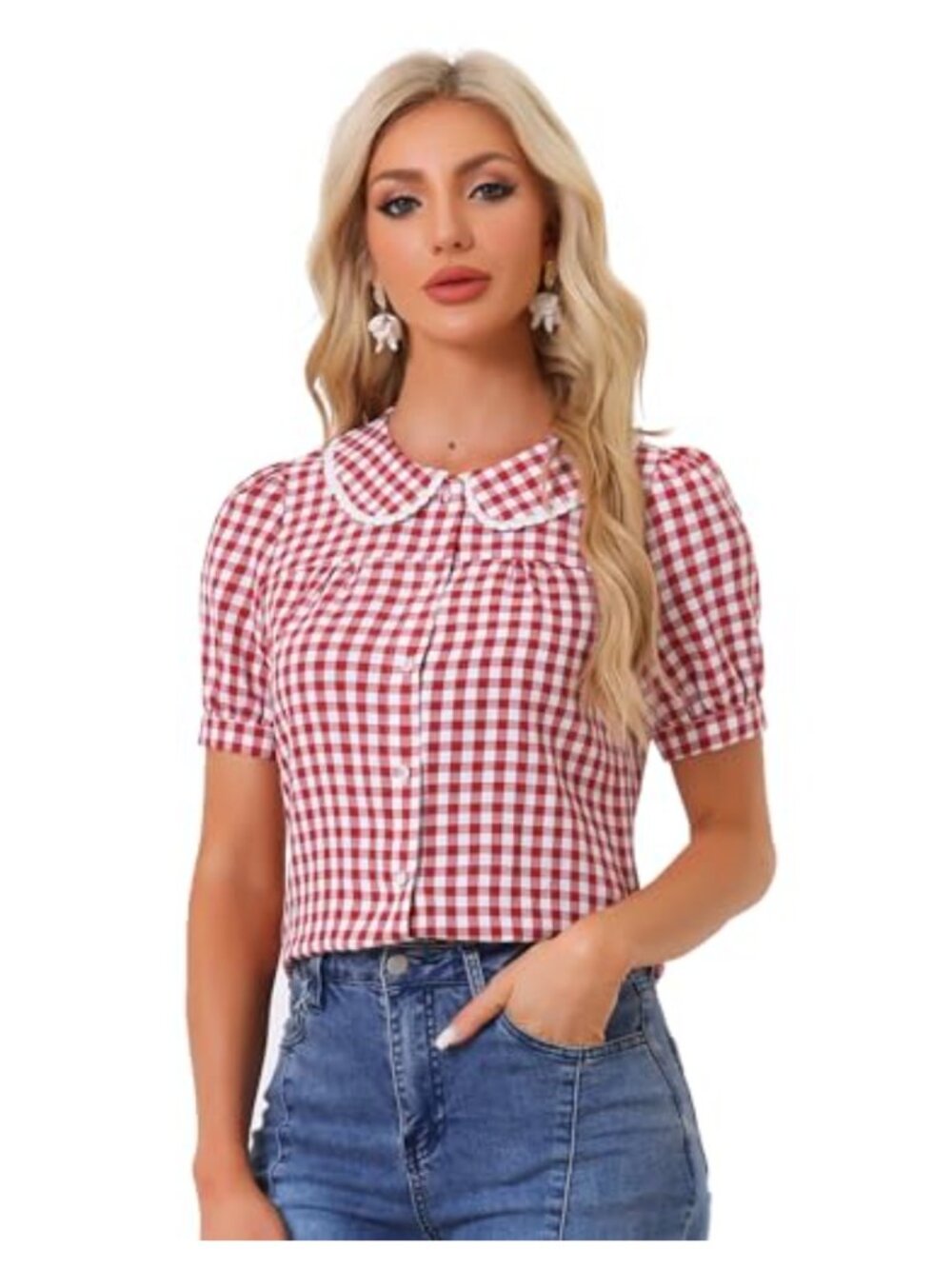 Gingham Plaid Button Down Shirt with Peter Pan Collar & Puff Sleeves